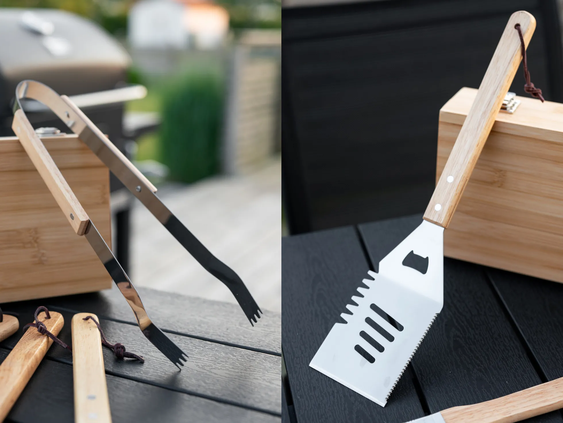Grillwerkzeuge in Holzkiste mit Gravur – 5-teilig