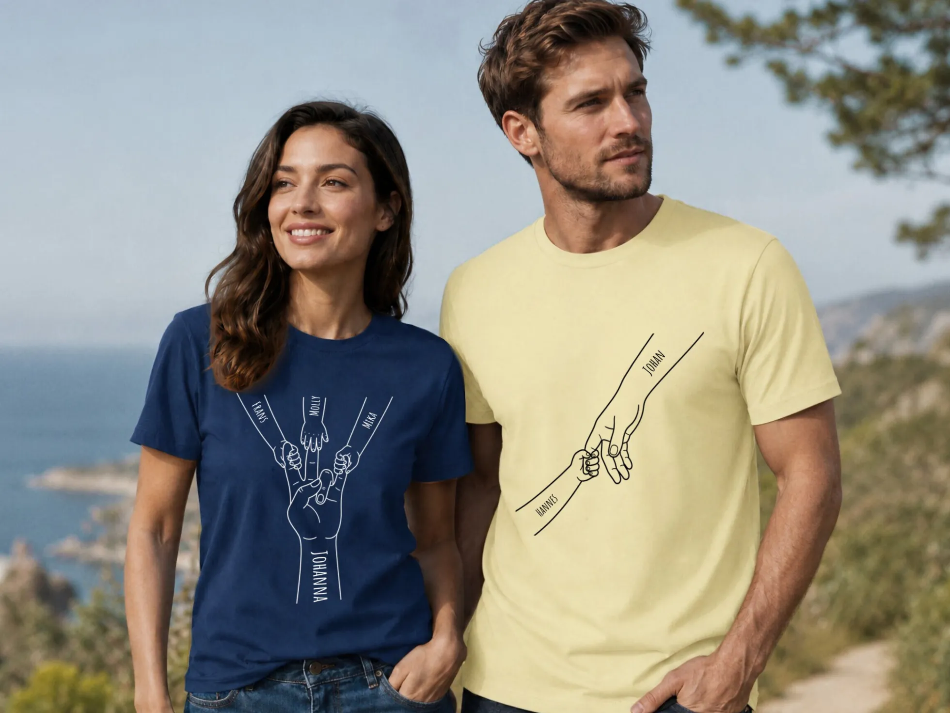 Premium T Shirt mit eigenem Text – Hand in Hand